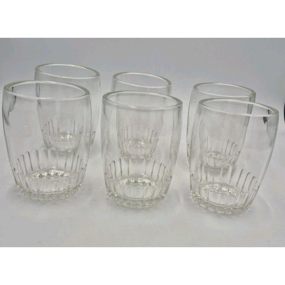 6 Vintage 8oz Bartlett Collins Glass Barrel Tumblers Ribbed Rocks Anchor Hocking